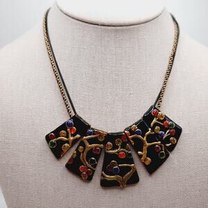 Chico’s Enamel Statement Necklace Black Gold Multicolor 20” Artistic